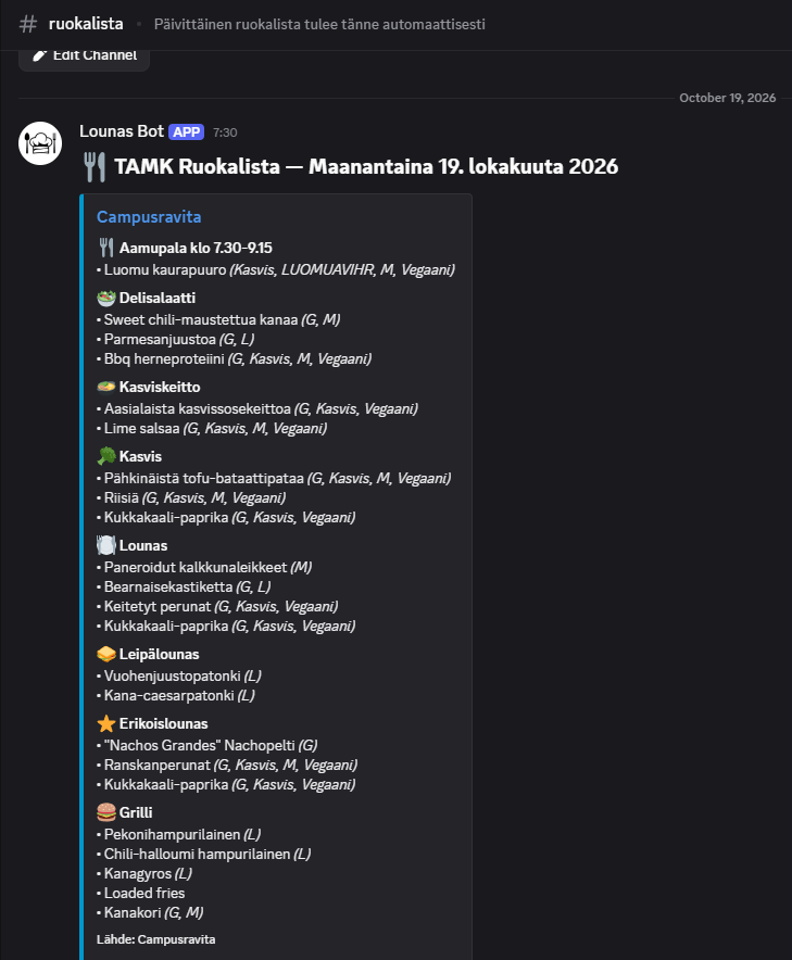 Lounas-Bot's Discord message showing the TAMK daily lunch menu